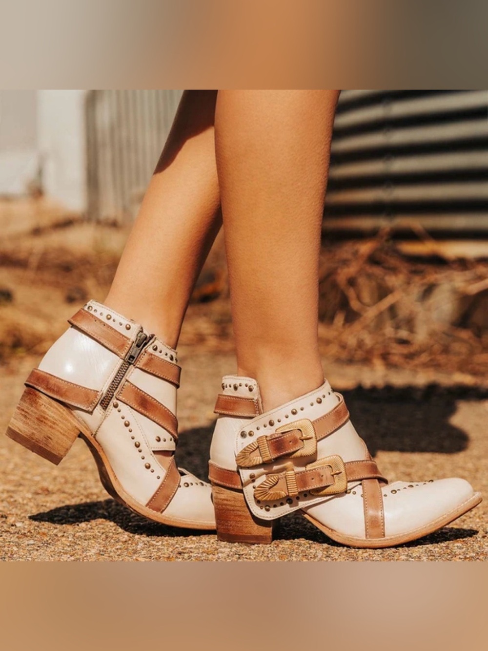 Freebird Samantha Cream Leather w/ Brown Straps Brass Buckles Ankle Boots    11